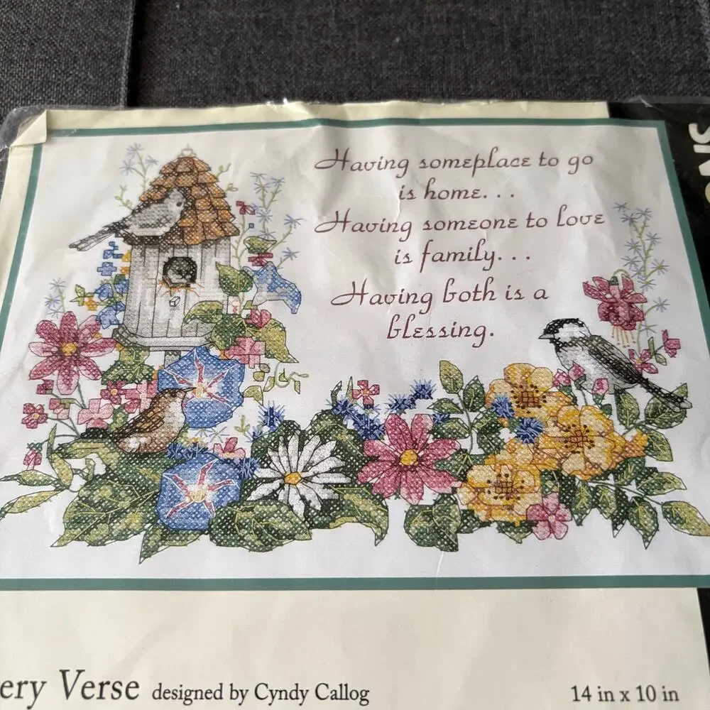 Flowery Verse Birds & Flowers Vintage Stamped Cross Stitch Kit Dimensions - 1996